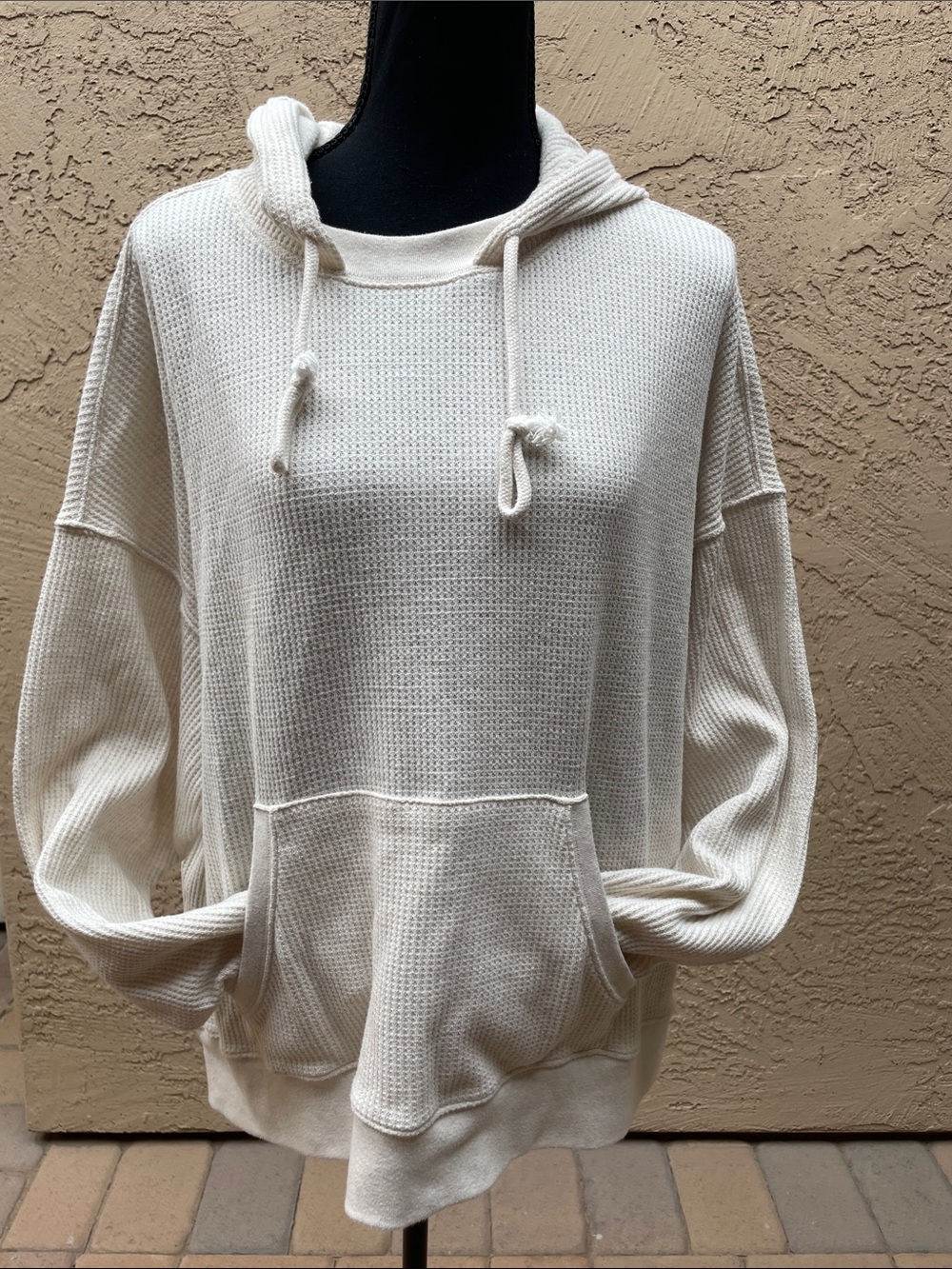 aerie Cream Waffle Knit Hooded Pullover Sweatshirt